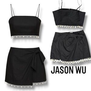 Jason Wu linen blend 2 piece tank skirt set coastal boho festival beaded fringe